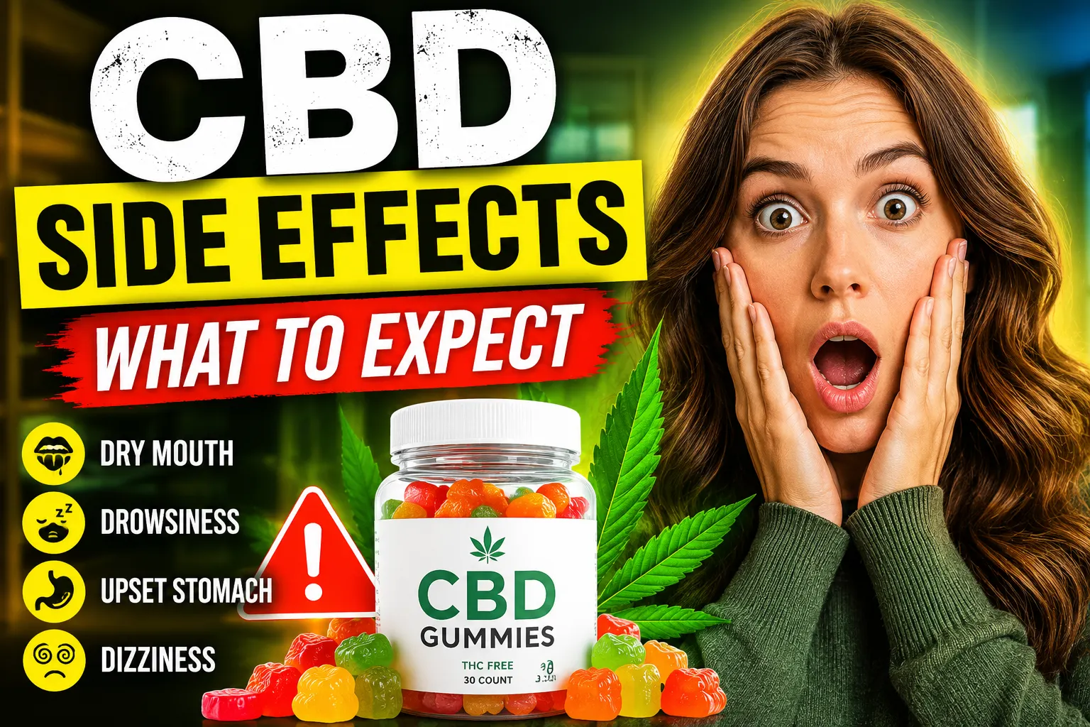 Shocked woman reacting to CBD gummies side effects with warning signs showing dry mouth, drowsiness, upset stomach, and dizziness.