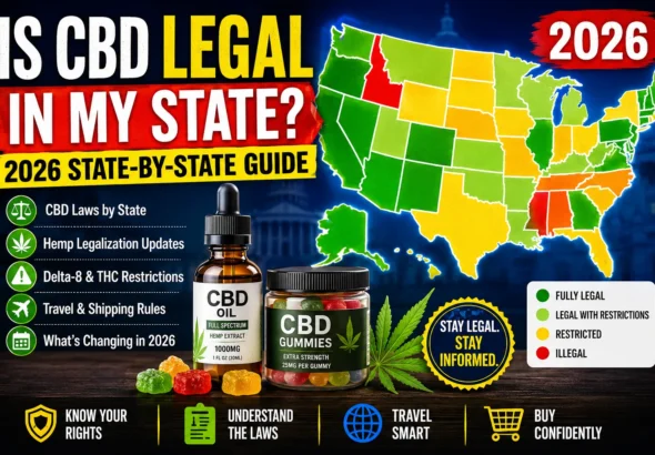 2026 CBD legality map showing state-by-state hemp and CBD laws in the USA with CBD oil and gummies featured in a high-contrast infographic design