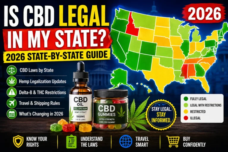 2026 CBD legality map showing state-by-state hemp and CBD laws in the USA with CBD oil and gummies featured in a high-contrast infographic design