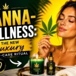 Relaxed woman holding cannabis leaf with glowing candle and oil bottle, bright yellow and green luxury spa aesthetic with bold “Canna-Wellness” text and high-contrast design