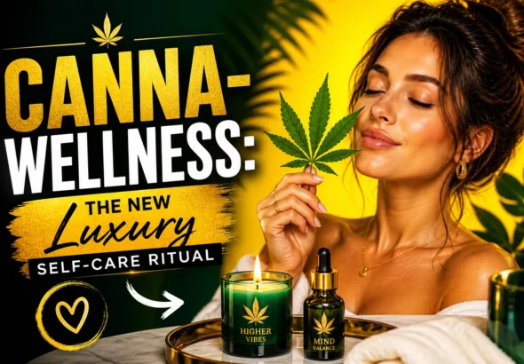 Relaxed woman holding cannabis leaf with glowing candle and oil bottle, bright yellow and green luxury spa aesthetic with bold “Canna-Wellness” text and high-contrast design
