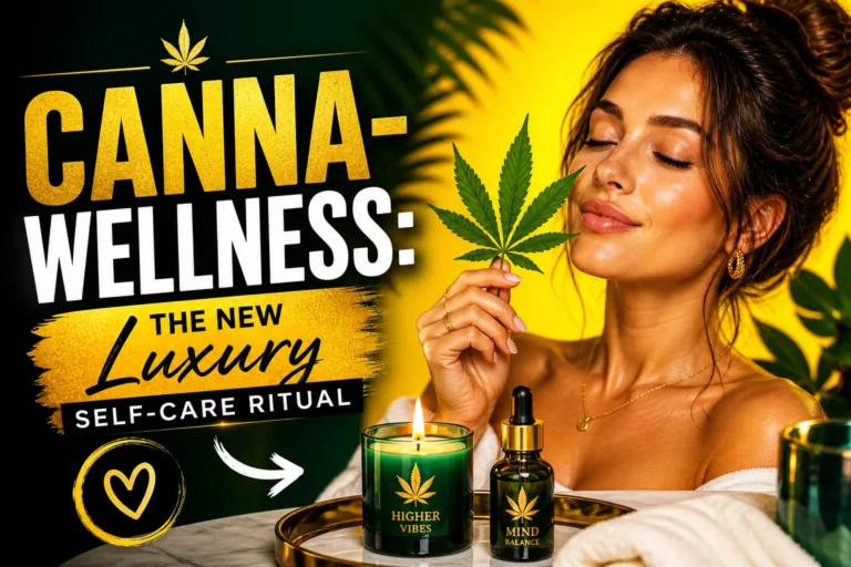 Relaxed woman holding cannabis leaf with glowing candle and oil bottle, bright yellow and green luxury spa aesthetic with bold “Canna-Wellness” text and high-contrast design