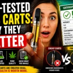 Close-up of a lab technician holding a THC vape cartridge next to testing equipment, highlighting purity, safety, and lab-tested cannabis products in a clean modern lab setting.