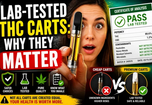 Close-up of a lab technician holding a THC vape cartridge next to testing equipment, highlighting purity, safety, and lab-tested cannabis products in a clean modern lab setting.