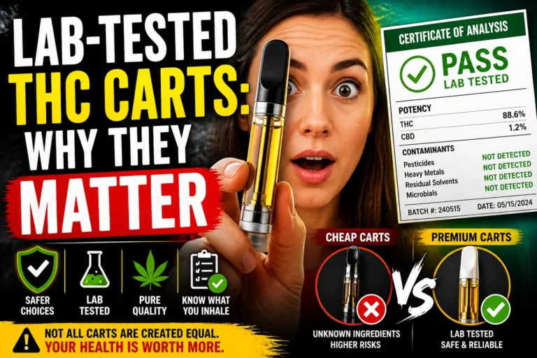 Close-up of a lab technician holding a THC vape cartridge next to testing equipment, highlighting purity, safety, and lab-tested cannabis products in a clean modern lab setting.