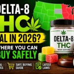 Delta-8 THC gummies with U.S. legality map and gavel showing legal vs banned states in 2026