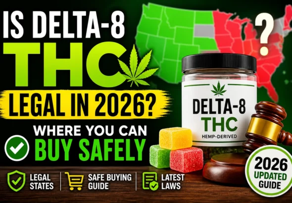 Delta-8 THC gummies with U.S. legality map and gavel showing legal vs banned states in 2026