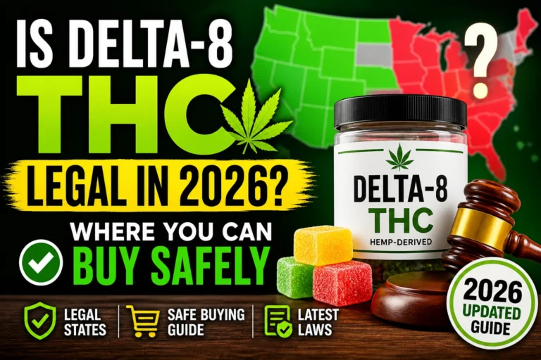 Delta-8 THC gummies with U.S. legality map and gavel showing legal vs banned states in 2026