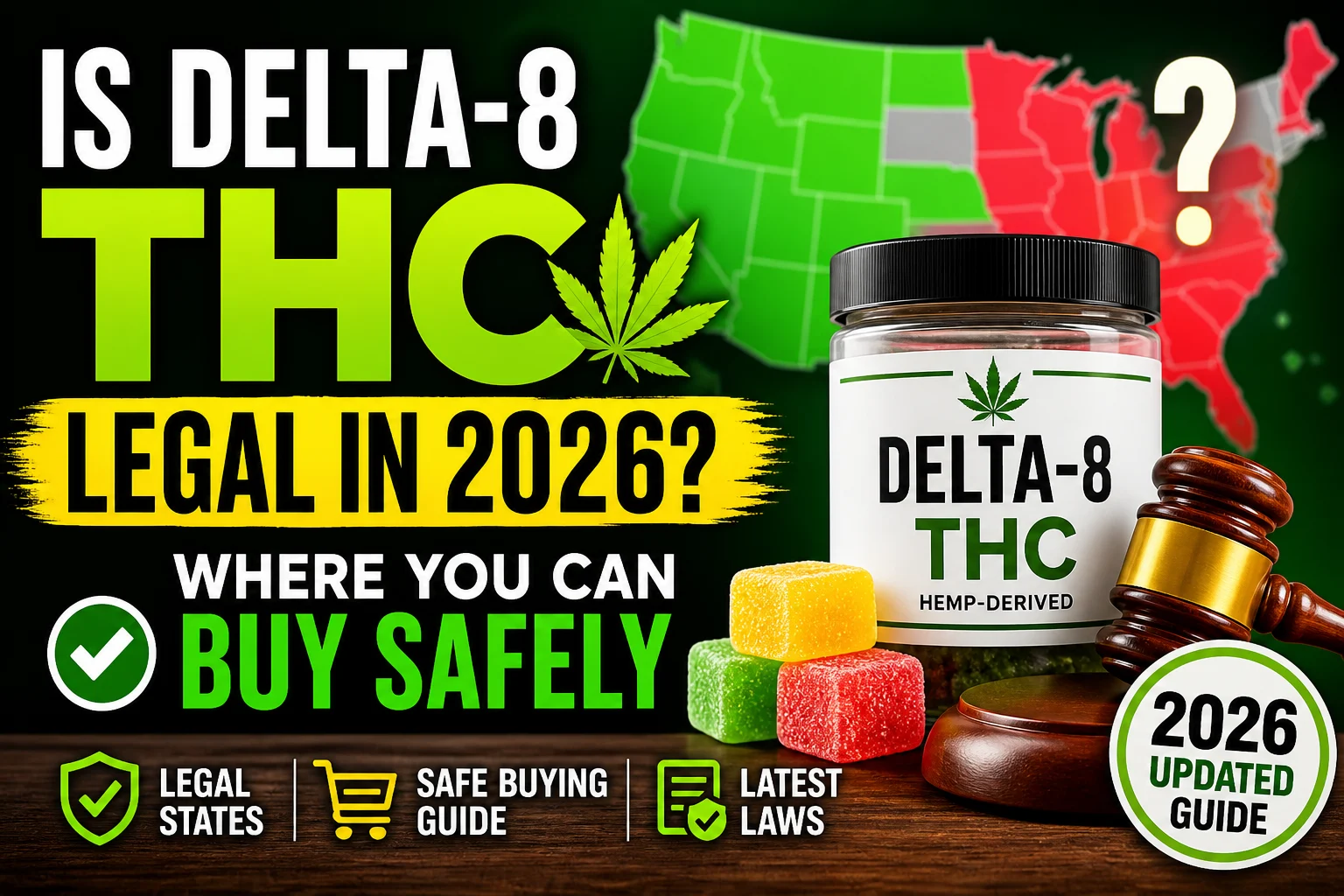 Delta-8 THC gummies with U.S. legality map and gavel showing legal vs banned states in 2026