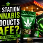 Gas station cannabis products thumbnail with bold headline “Are Gas Station Cannabis Products Safe?” featuring vape, gummies, and oil bottle with warning-style design and high-contrast colors