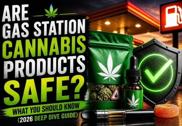 Gas station cannabis products thumbnail with bold headline “Are Gas Station Cannabis Products Safe?” featuring vape, gummies, and oil bottle with warning-style design and high-contrast colors