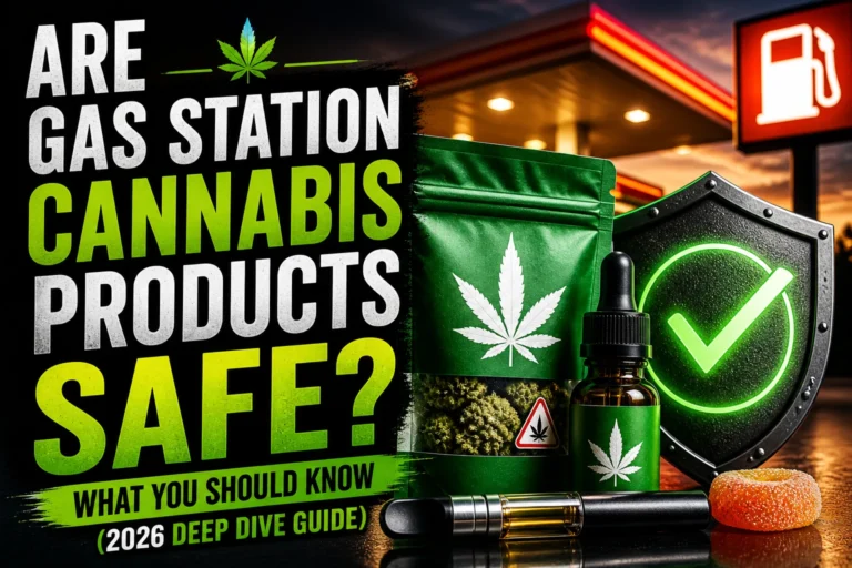 Gas station cannabis products thumbnail with bold headline “Are Gas Station Cannabis Products Safe?” featuring vape, gummies, and oil bottle with warning-style design and high-contrast colors
