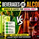 High-contrast split image comparing THC beverages and alcohol, with bright green tones on the THC side showing a cannabis-infused drink and social setting, and red-orange tones on the alcohol side showing beer, wine, and a party scene, highlighting safety differences for social use.