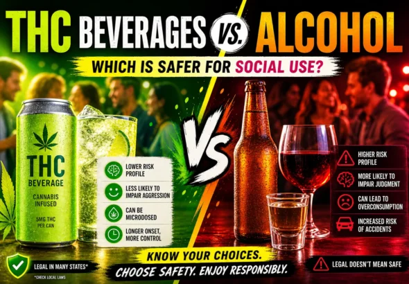High-contrast split image comparing THC beverages and alcohol, with bright green tones on the THC side showing a cannabis-infused drink and social setting, and red-orange tones on the alcohol side showing beer, wine, and a party scene, highlighting safety differences for social use.
