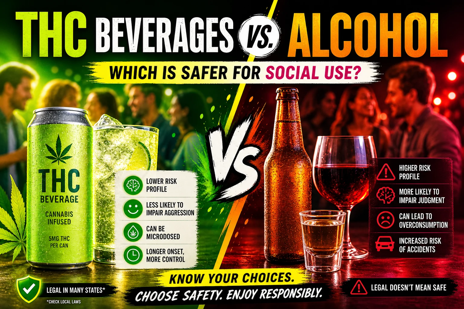 High-contrast split image comparing THC beverages and alcohol, with bright green tones on the THC side showing a cannabis-infused drink and social setting, and red-orange tones on the alcohol side showing beer, wine, and a party scene, highlighting safety differences for social use.
