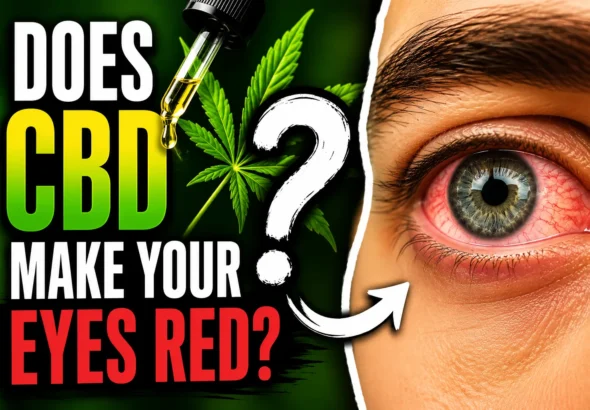 Close-up of a red eye beside a CBD oil bottle with bold text asking “Does CBD Make Your Eyes Red?” in a high-contrast featured image.