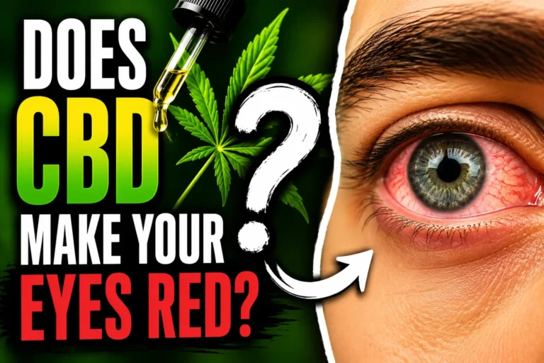 Close-up of a red eye beside a CBD oil bottle with bold text asking “Does CBD Make Your Eyes Red?” in a high-contrast featured image.