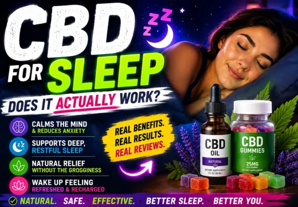 Woman sleeping peacefully beside CBD oil and CBD gummies with bold text about whether CBD for sleep actually works