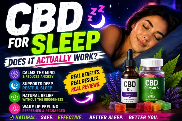 Woman sleeping peacefully beside CBD oil and CBD gummies with bold text about whether CBD for sleep actually works
