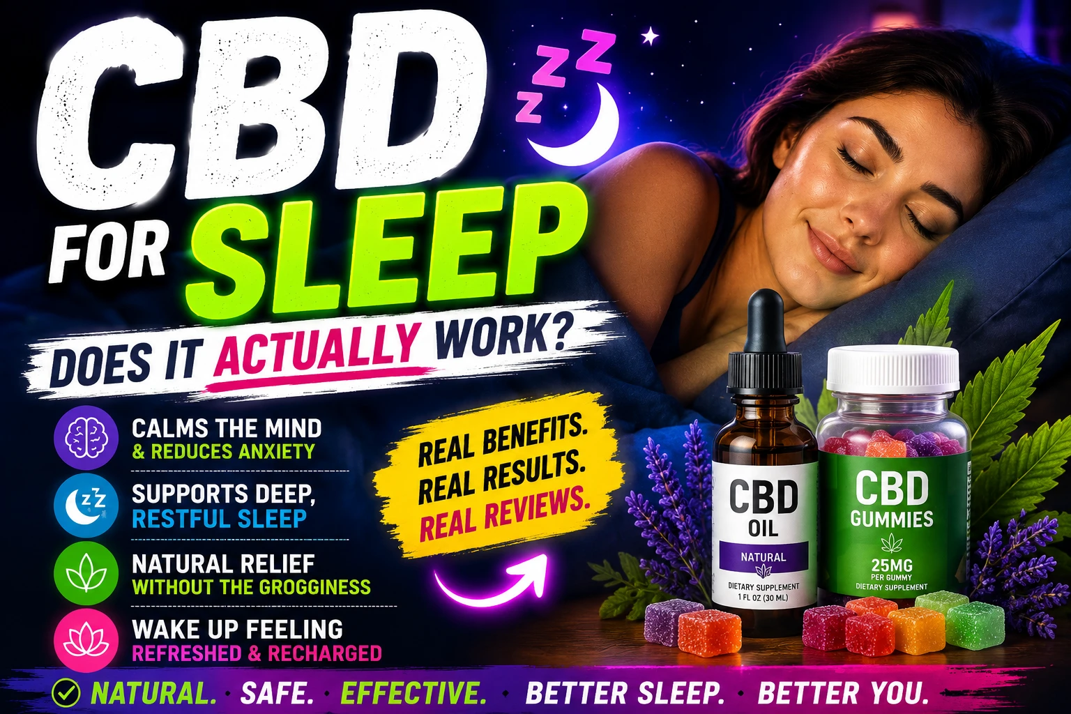 Woman sleeping peacefully beside CBD oil and CBD gummies with bold text about whether CBD for sleep actually works