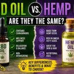 CBD Oil vs Hemp Oil comparison infographic showing key differences, benefits, cannabinoids, wellness support, hemp seed nutrition, and skincare uses.