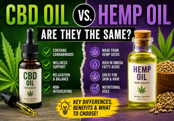 CBD Oil vs Hemp Oil comparison infographic showing key differences, benefits, cannabinoids, wellness support, hemp seed nutrition, and skincare uses.