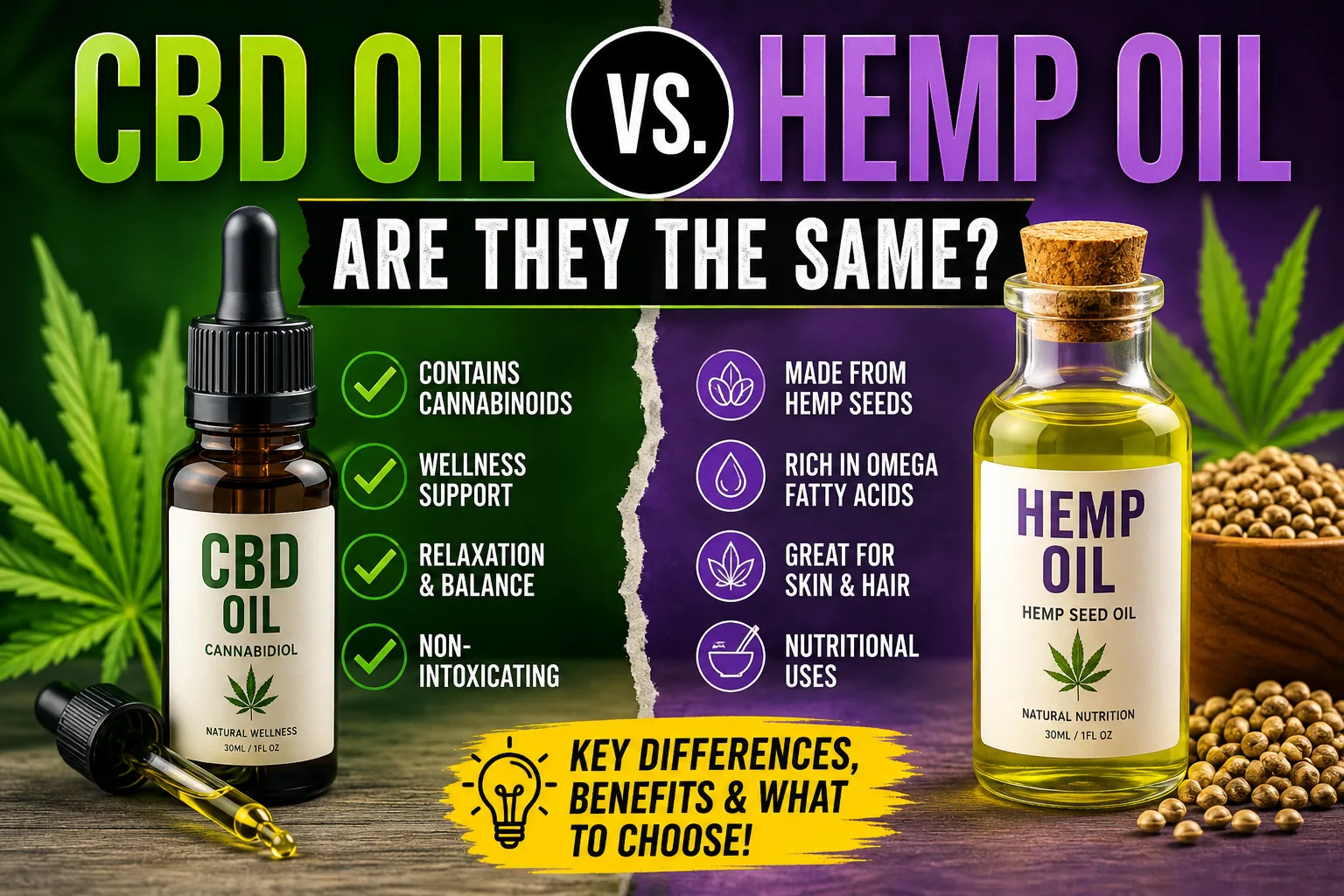 CBD Oil vs Hemp Oil comparison infographic showing key differences, benefits, cannabinoids, wellness support, hemp seed nutrition, and skincare uses.
