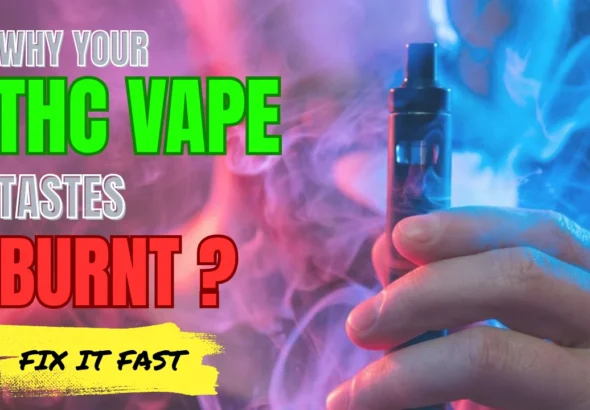Person holding a THC vape pen surrounded by colorful smoke representing burnt vape flavor and harsh hits