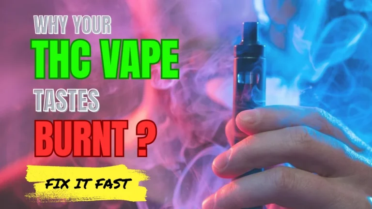 Person holding a THC vape pen surrounded by colorful smoke representing burnt vape flavor and harsh hits
