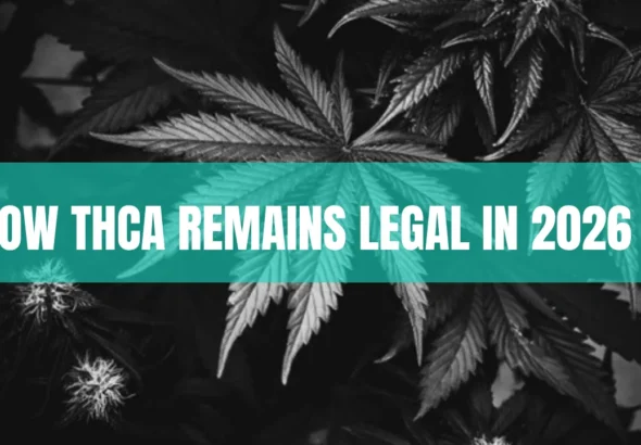 THCA legality in 2026 explained with hemp flower, federal law documents, and THC comparison infographic.