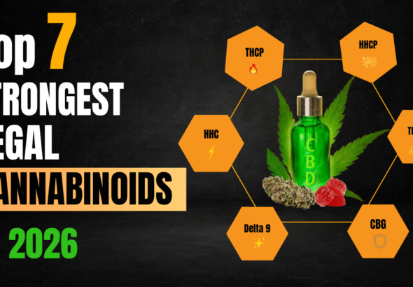 Infographic showing the top 7 strongest legal cannabinoids in 2026 with colorful cannabis compounds and potency comparison