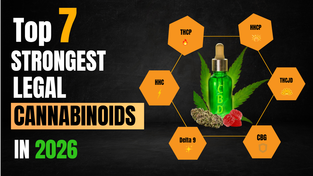 Infographic showing the top 7 strongest legal cannabinoids in 2026 with colorful cannabis compounds and potency comparison