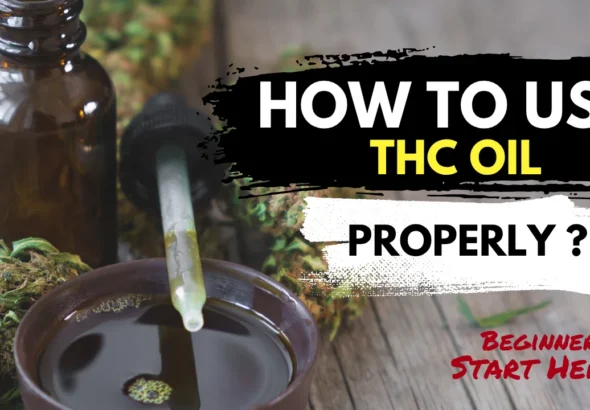 THC oil dropper bottle with cannabis leaves and bold text explaining how to use THC oil properly for beginners