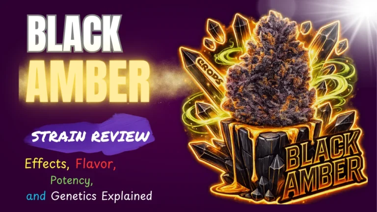 Black Amber strain review featuring dark purple frosty cannabis buds with THC potency and indica dominant hybrid details