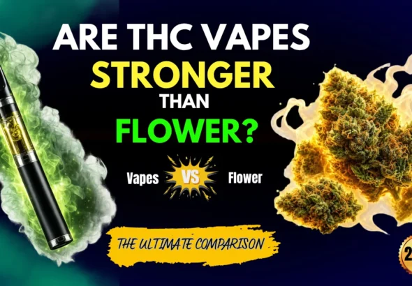 THC vape pen with glowing green smoke beside cannabis flower for a THC vapes vs flower comparison blog featured image