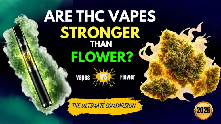 THC vape pen with glowing green smoke beside cannabis flower for a THC vapes vs flower comparison blog featured image