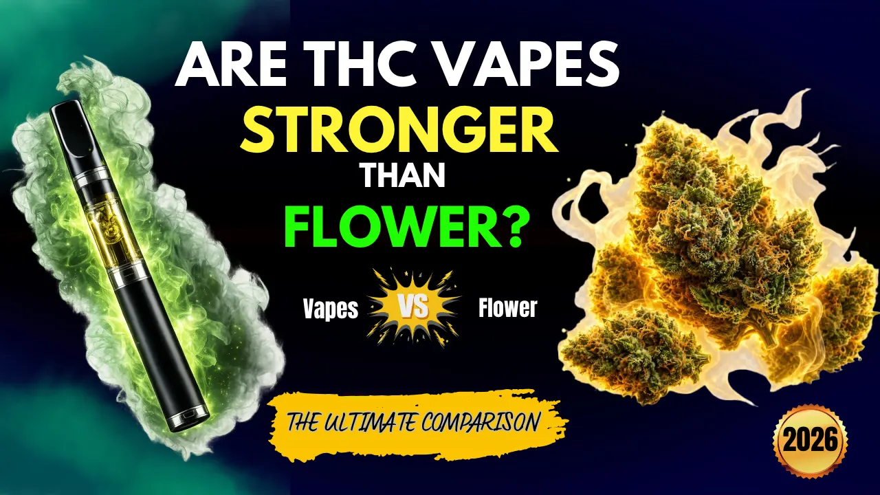 THC vape pen with glowing green smoke beside cannabis flower for a THC vapes vs flower comparison blog featured image