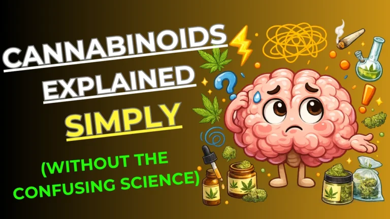 Illustration showing different cannabinoids like THC, CBD, THCA, Delta-8, and CBN explained in a simple beginner-friendly cannabis guide.
